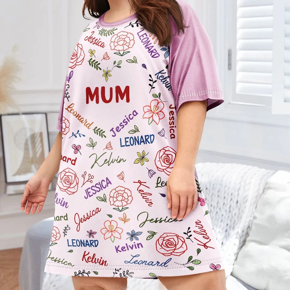Grandma Mom Birth Flower Blooming In Love - Personalized Women's Sleep Tee