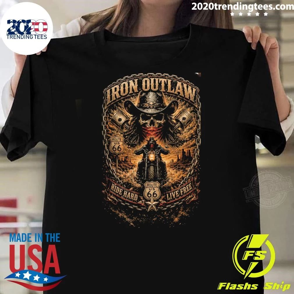 Cowboy Skull Iron Outlaw Route US 66 Motorcycle Shirt