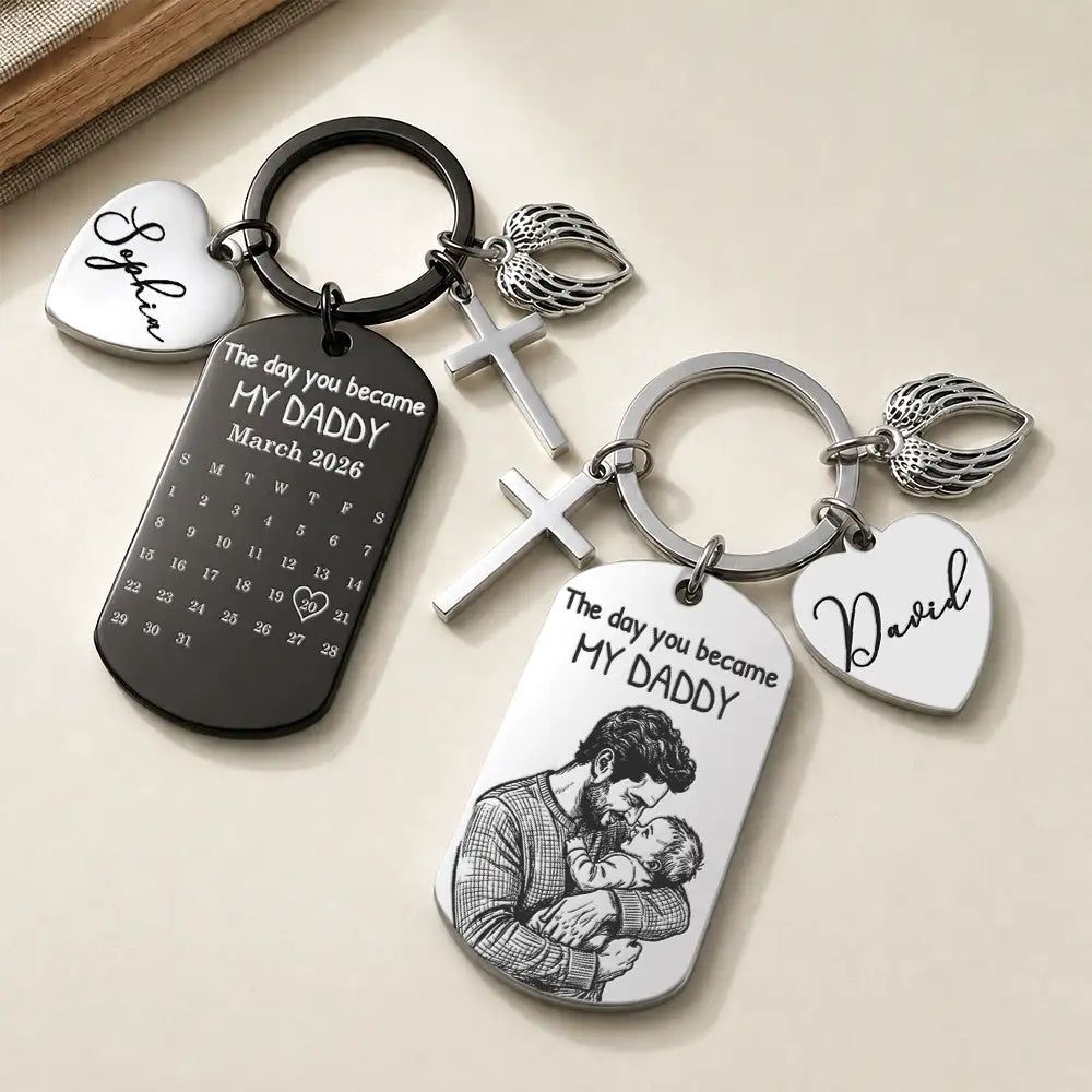 Custom Photo Bold Sketch The Day You Became My Dad - Personalized Stainless Steel Keychain