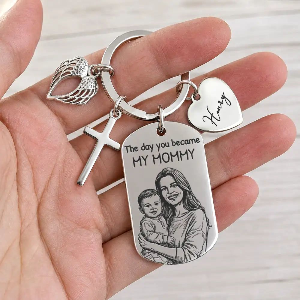 Custom Photo Bold Sketch The Day You Became My Dad - Personalized Stainless Steel Keychain