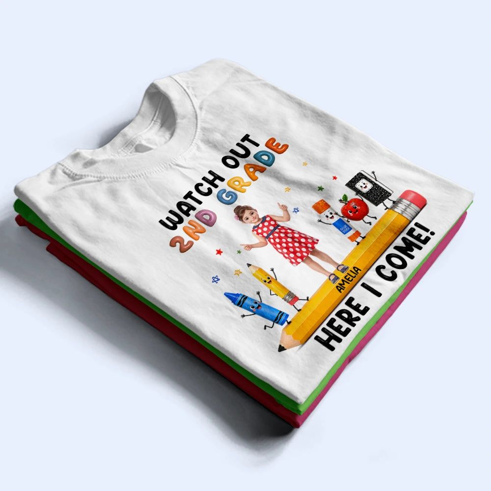 Custom Photo Cartoon Portrait Kid Watch Out Kindergarten Here I Come - Personalized T Shirt