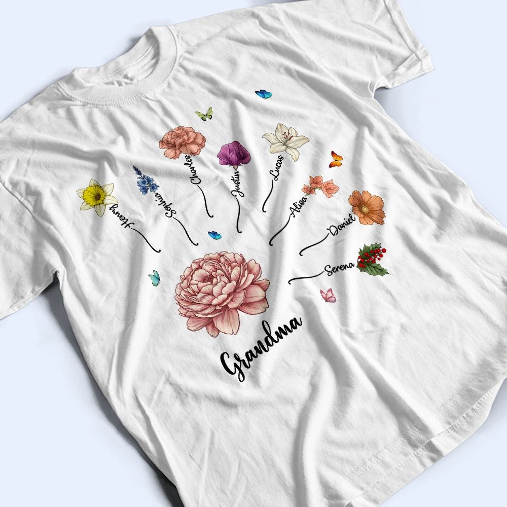 Grandma Mom Birth Month Flower Blooming In Love - Personalized T Shirt