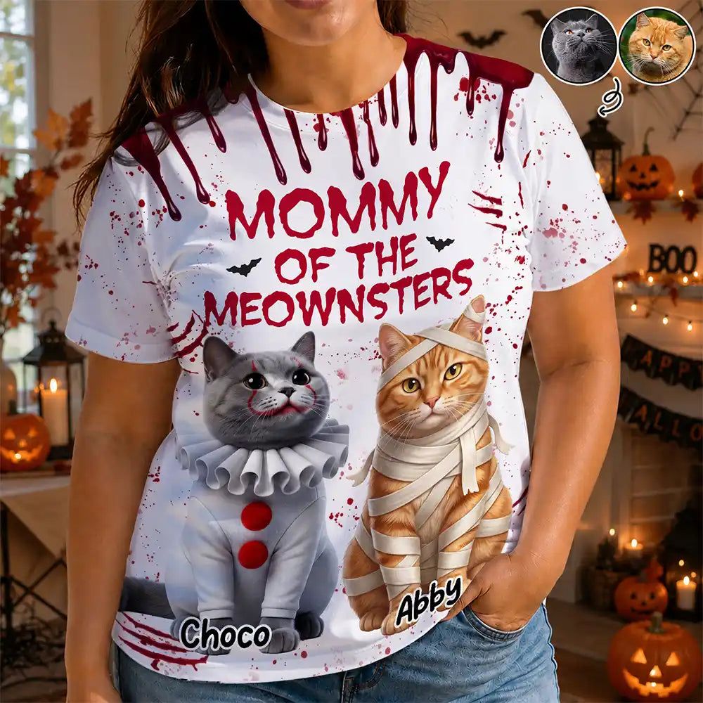 Custom Photo 3D Halloween Themed Pet Mommy Of The Meownsters - Personalized Full Print T Shirt