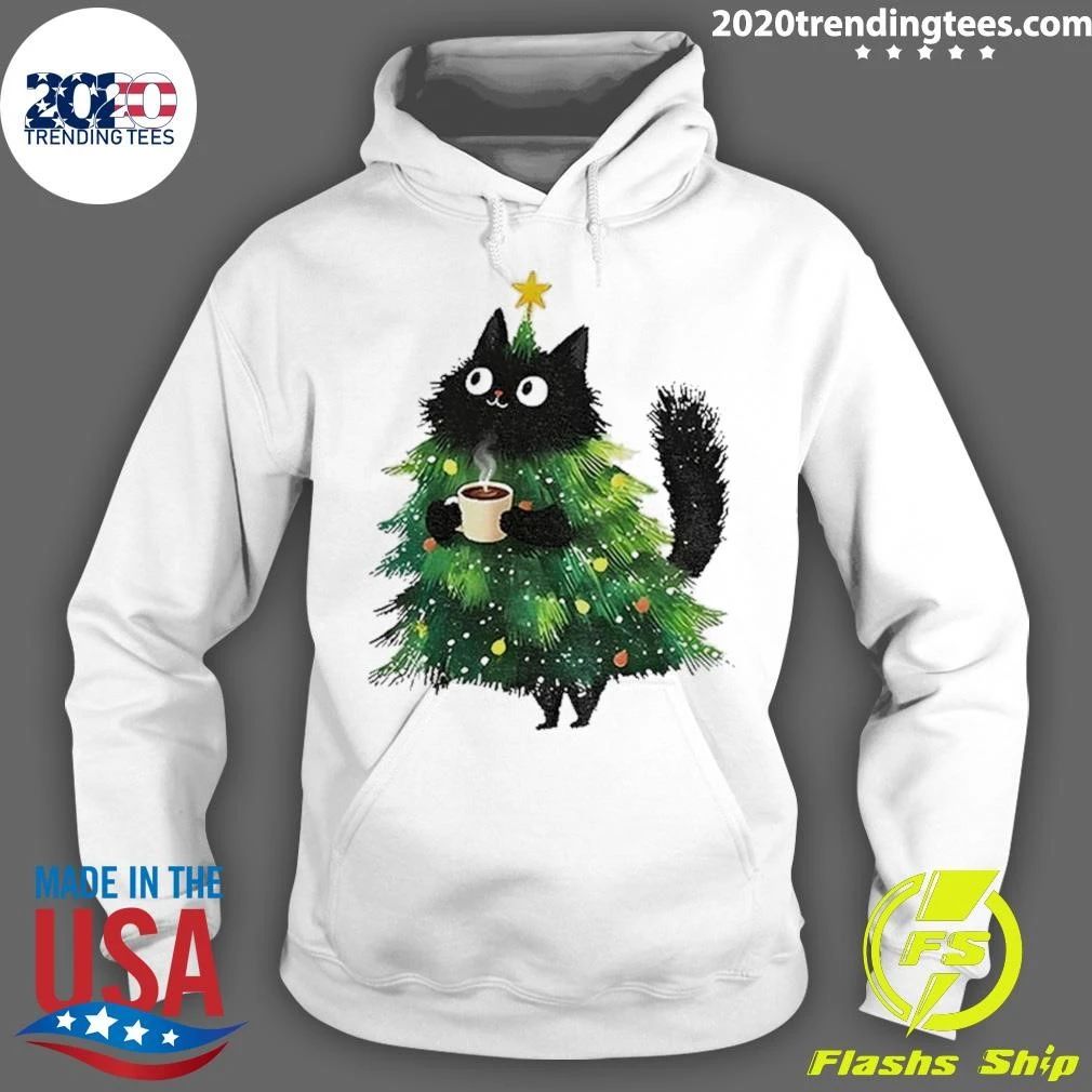 Black Cat Christmas Tree Holding Hot Coffee Shirt