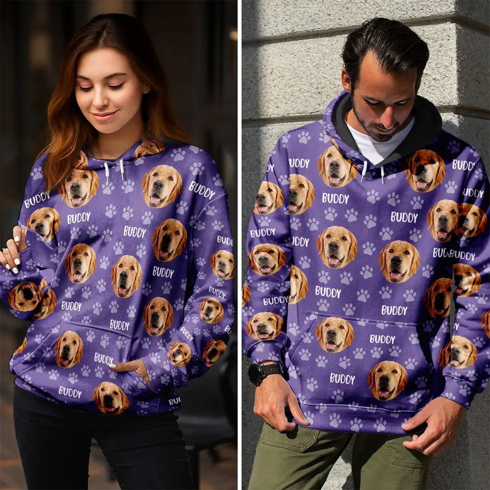 Custom Photo Funny Pet Face Pattern Dog Cat Family - Personalized Pullover Hoodie
