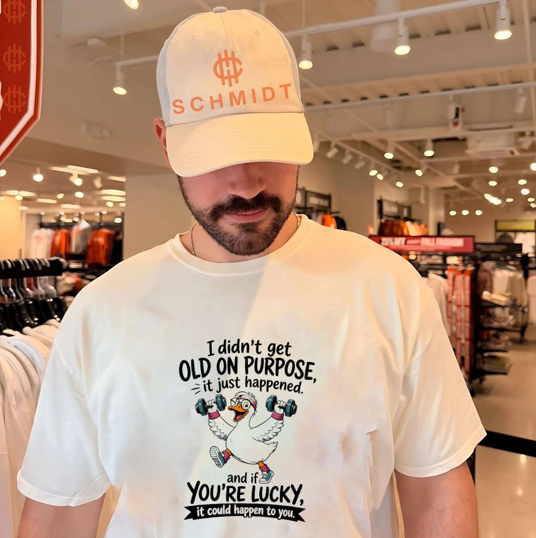 I didn’t get old on purpose it just happened and if you’re lucky it could happen to you cartoon duck shirt
