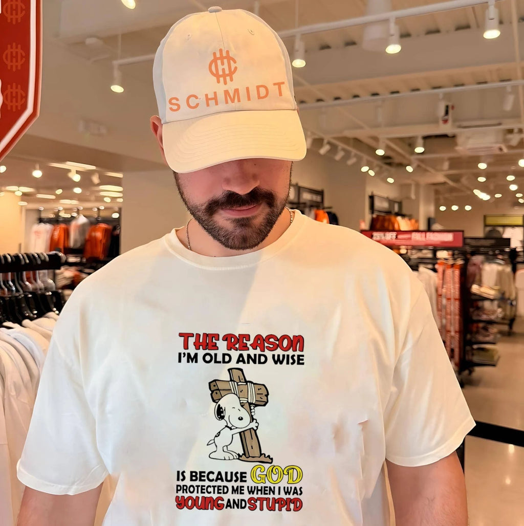 The reason I’m old and wise is because GOD protected me Snoopy shirt
