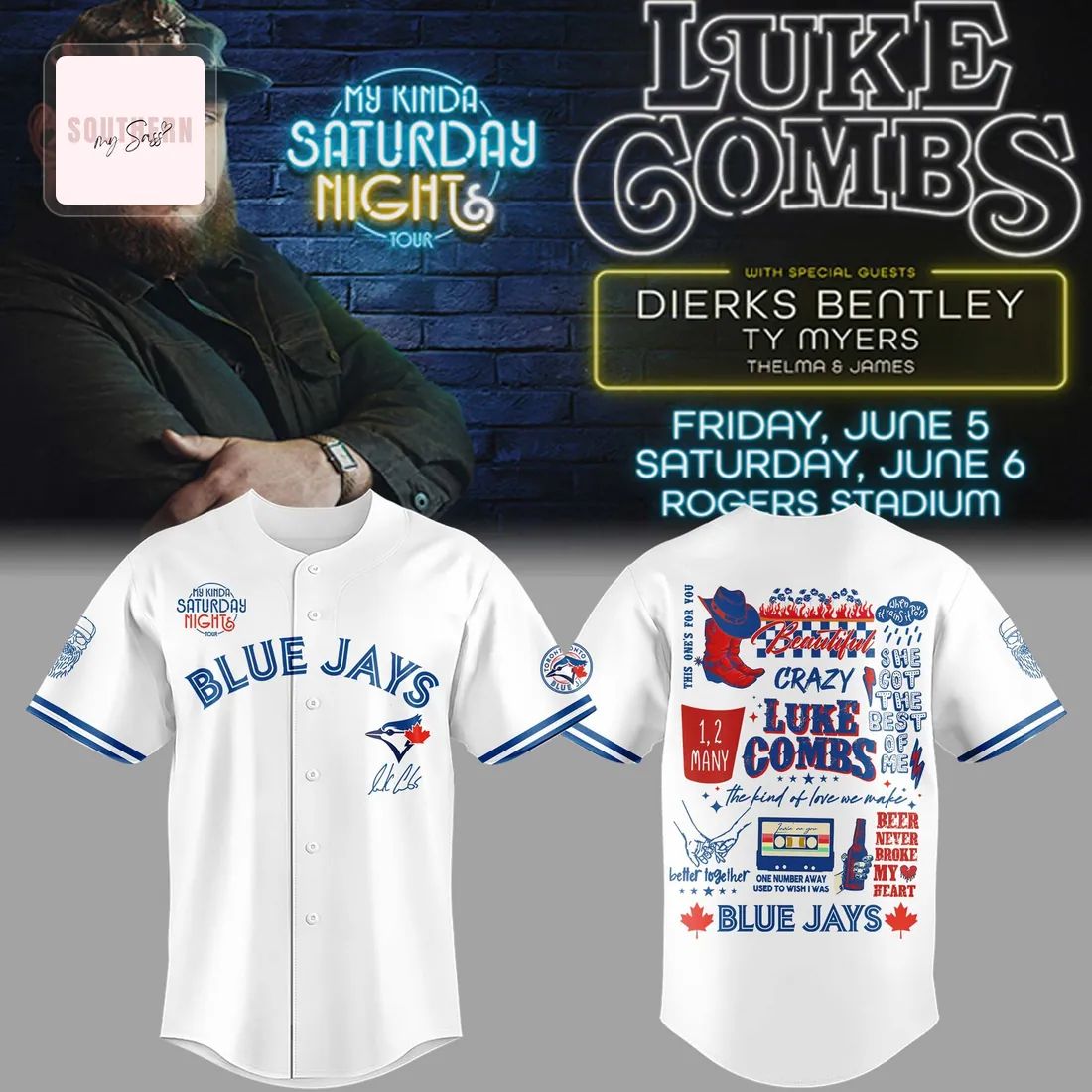 Luke Combs My Kinda Saturday Night Tour Blue Jays Baseball Jersey