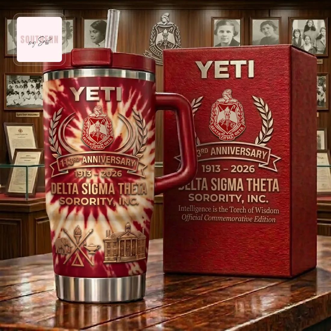 Delta Sigma Theta DST 113th Anniversary Crimson and Cream Tie Dye Commemorative Handle Tumbler