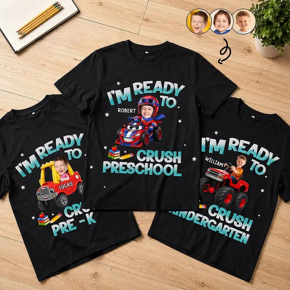Custom Photo Kid Riding Truck Car Ready To Crush Kindergarten - Personalized T Shirt