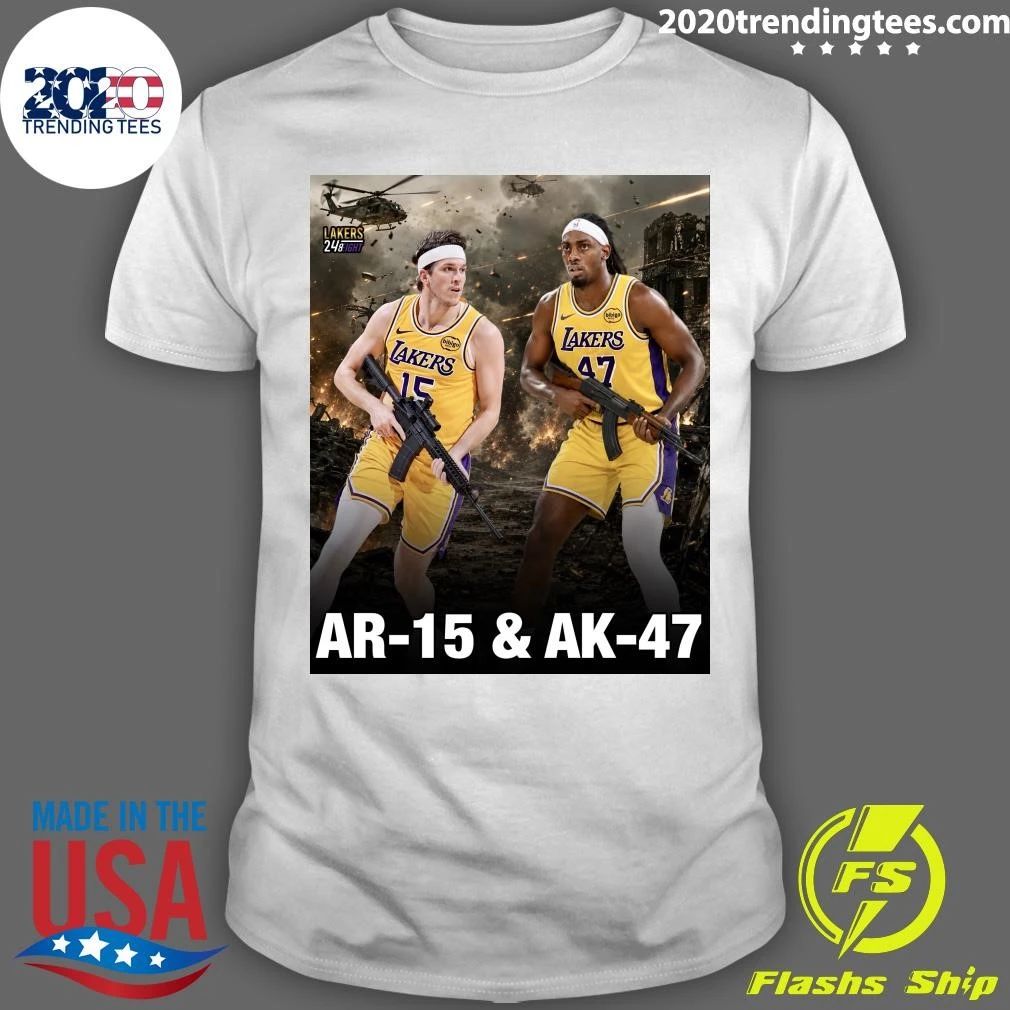 Los Angeles Lakers AR-15 & AK-47 Inspired Basketball Poster Featuring Austin Reaves and Adou Thiero Shirt