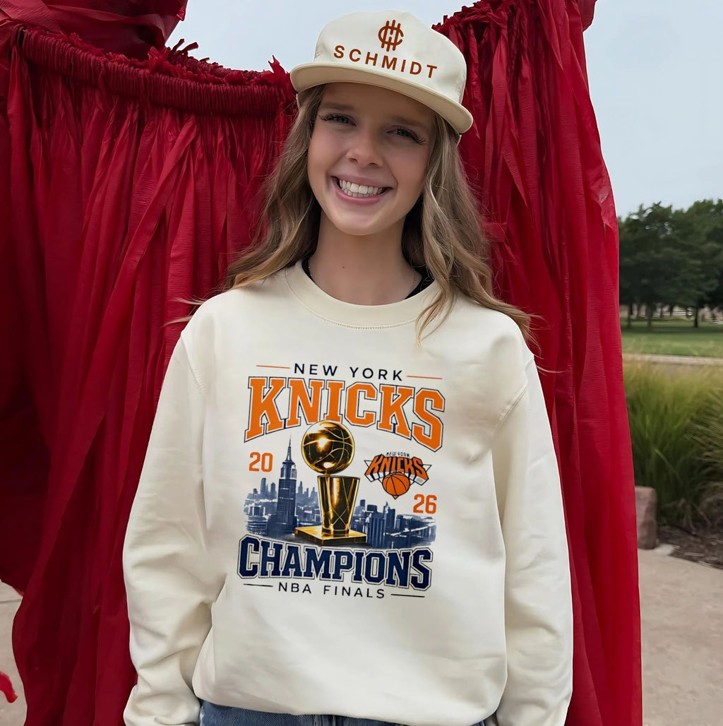 New York Knicks 2026 NBA Finals Champions city skyline background shirt