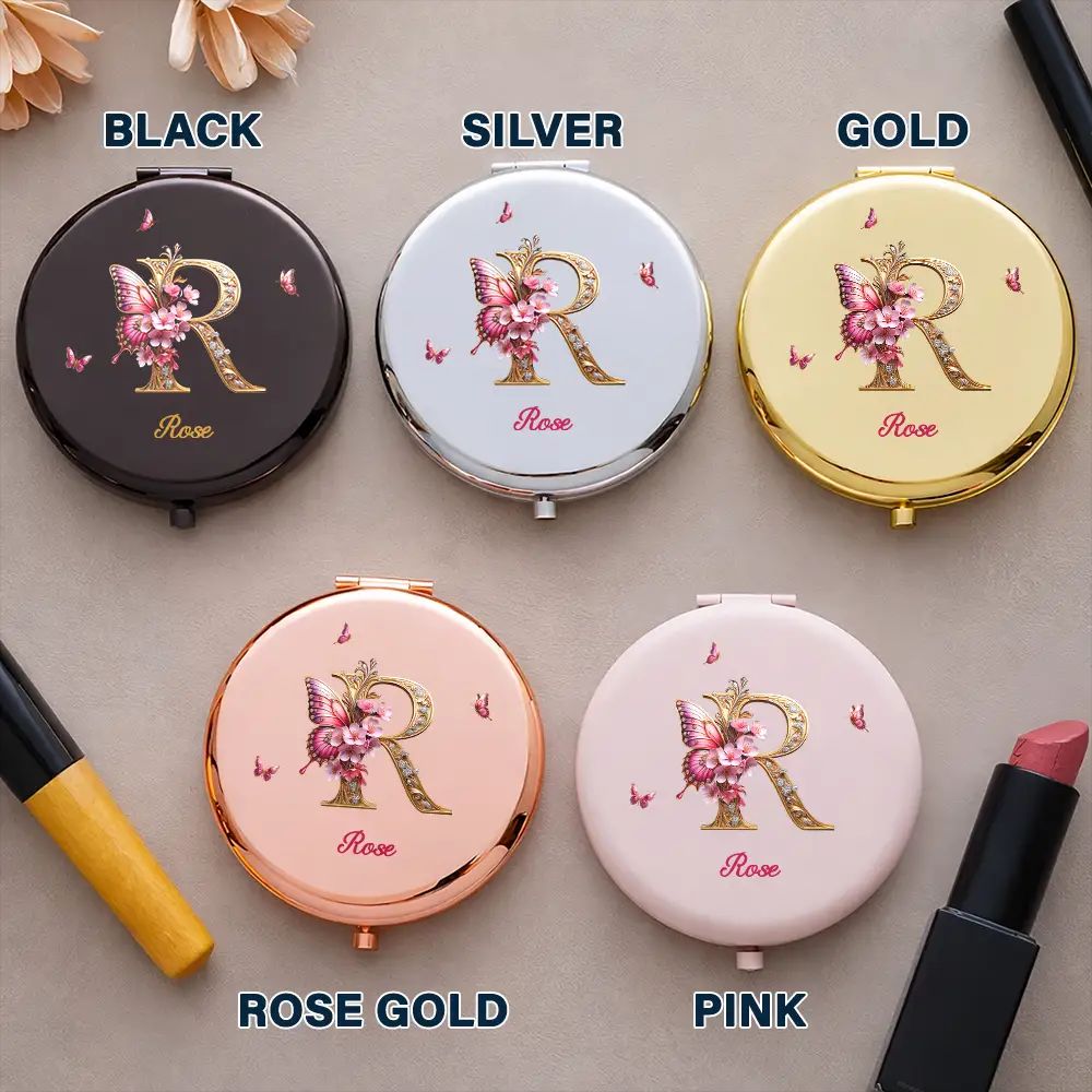 3D Effect Flower & Butterfly Monogram Shine With Love And Admiration - Personalized Compact Mirror