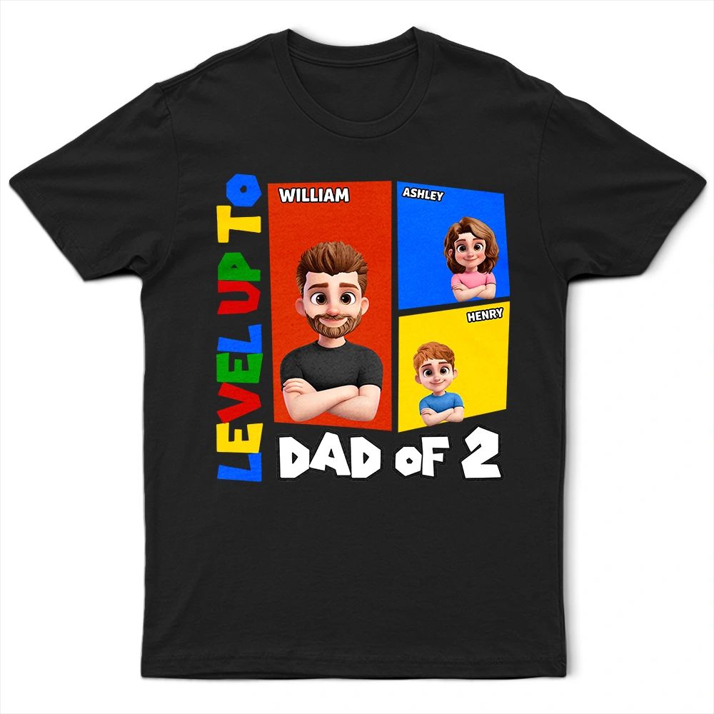 Level Up To Dad Of Two Basic Color Arcade Theme - Personalized T Shirt