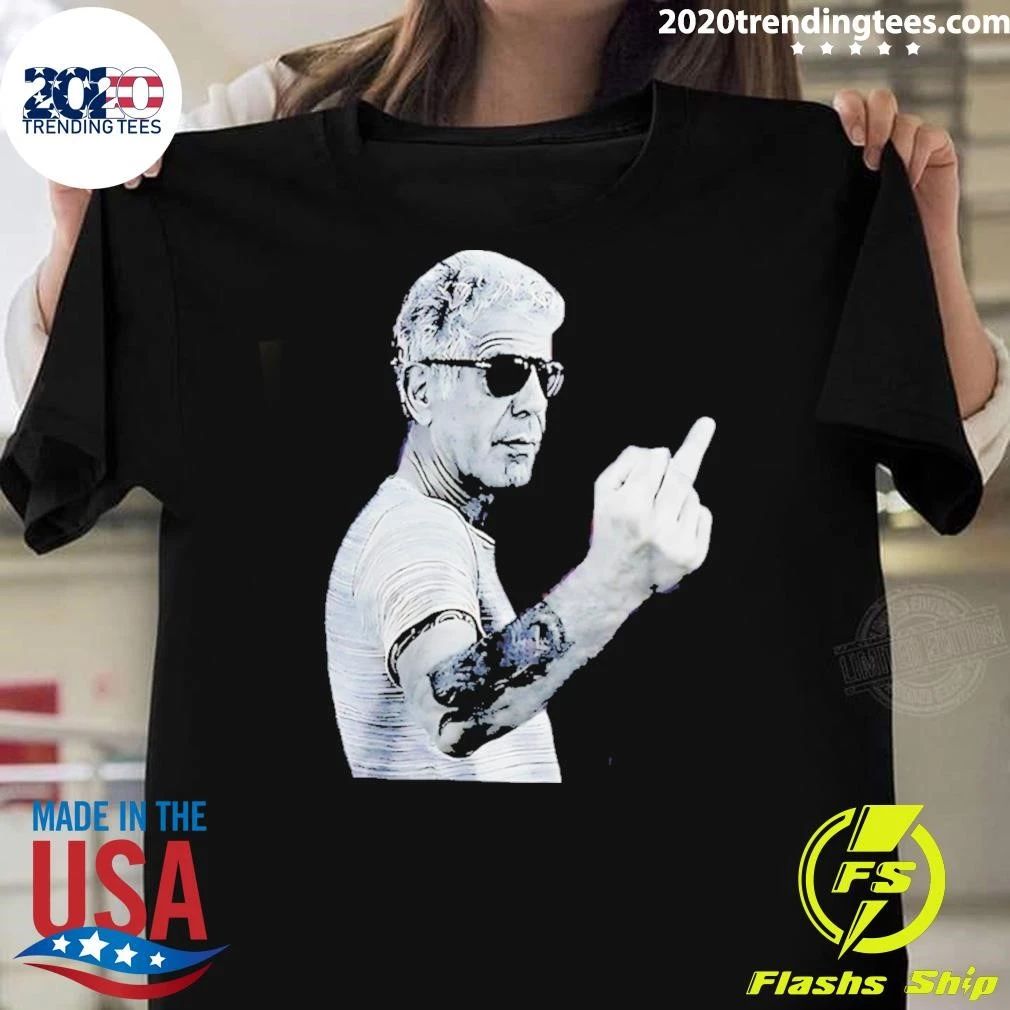 Anthony Bourdain Wearing Glass Middle Finger Shirt