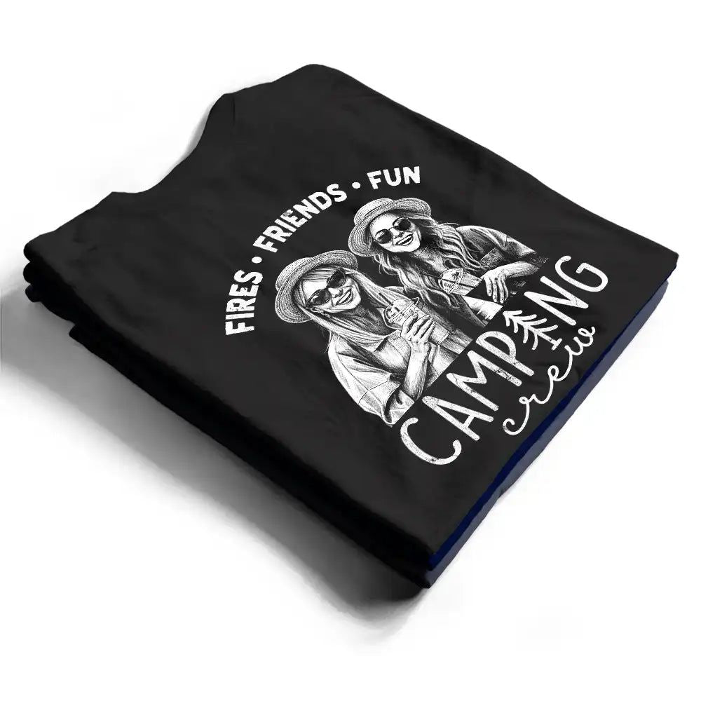 Custom Photo White Pencil Sketch Art Camping Crew Fires Friends Fun - Personalized T Shirt