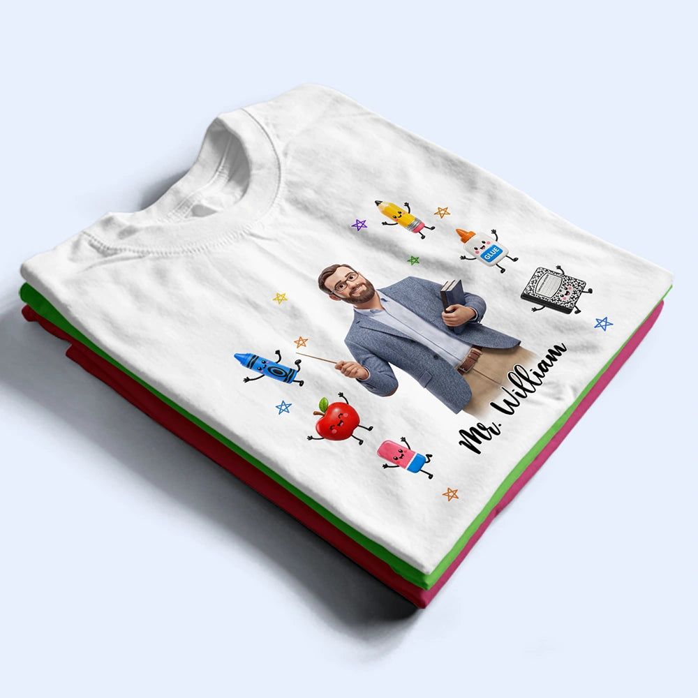 Custom Photo Cartoon Portrait Teacher With Happy School Supplies - Personalized T Shirt