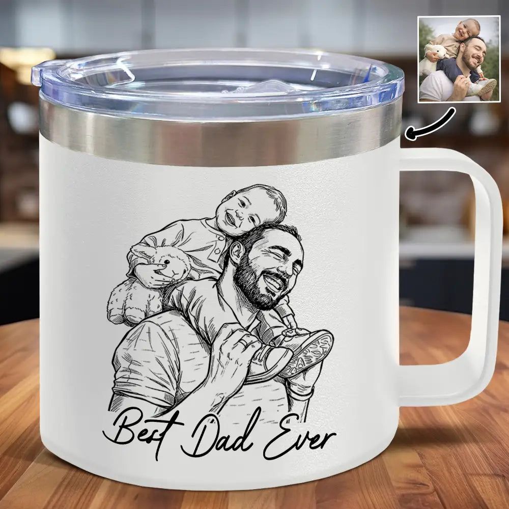 Custom Photo Bold Sketch Best Dad Grandpa Ever Family Portrait - Personalized 14oz Stainless Steel Tumbler With Handle