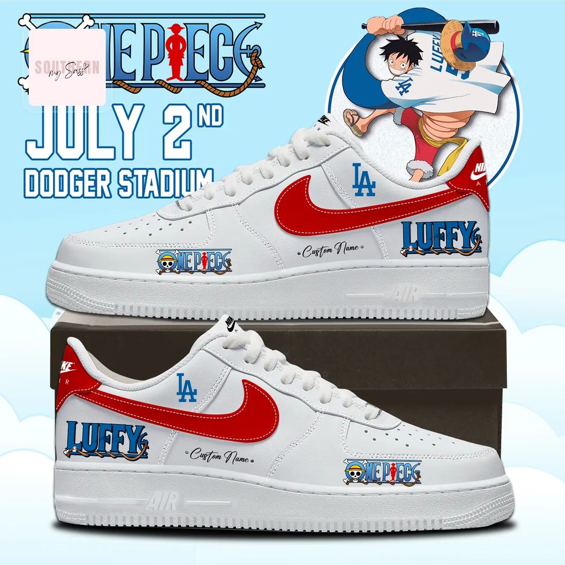 Dodgers x One Piece Luffy Anime Personalized Name White Custom Air Force 1 Sneakers