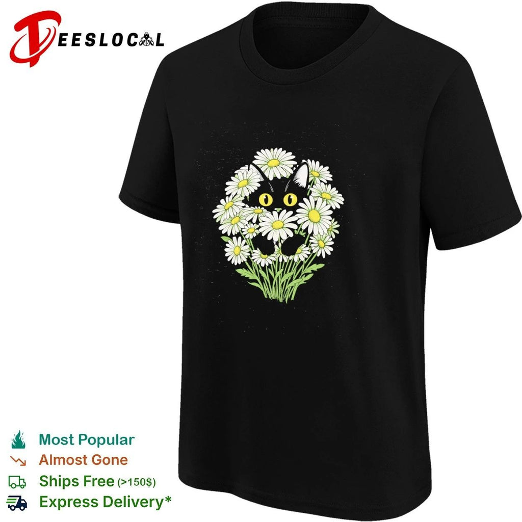 Black Cat in Daisies daisy flowers cute kitten T-shirt