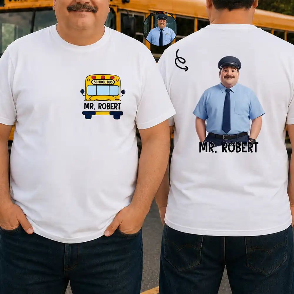 Custom Photo Cartoon Portrait Bus Driver I Love My Students - Personalized T Shirt