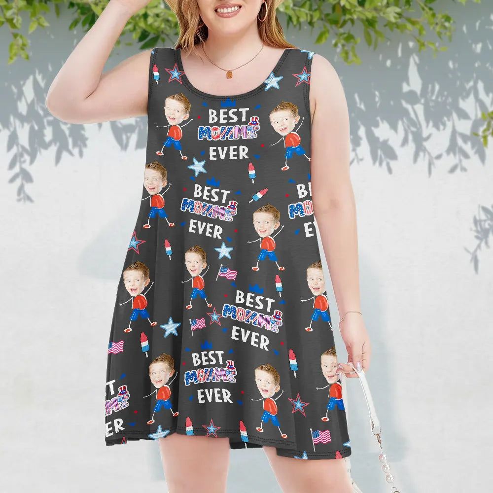 Custom Photo Stars & Stripes Best Mom Grandma Ever - Personalized Sleeveless Tank Dress