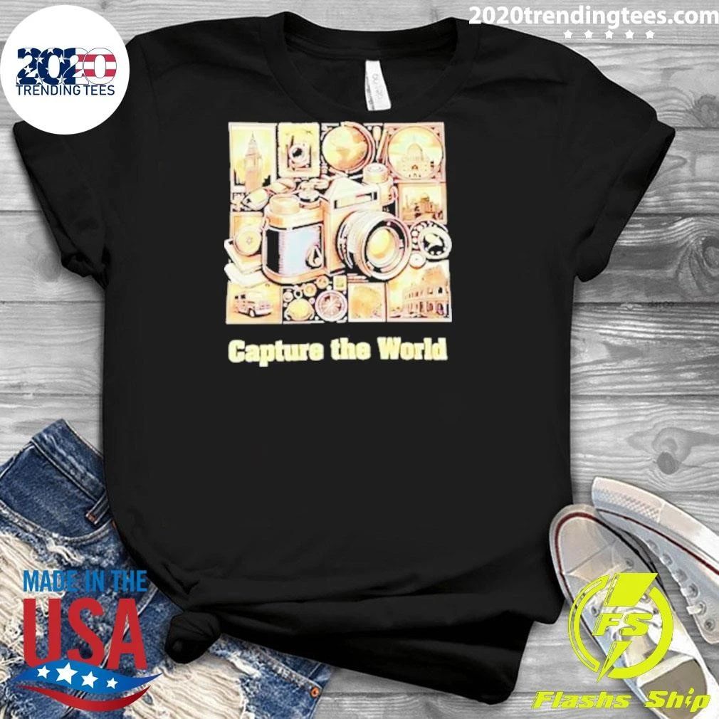 Capture The World Vintage Camera Globe Travel Landmarks Compass Shirt