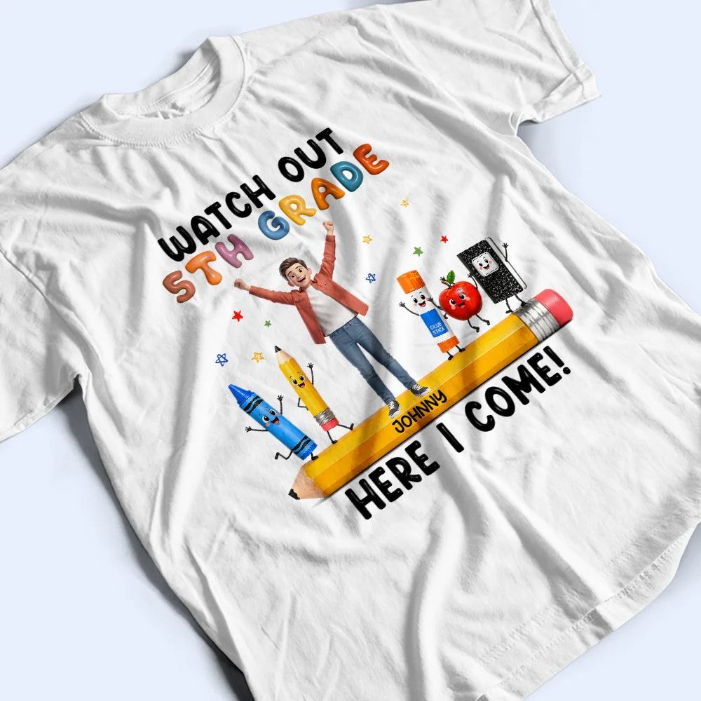 Custom Photo Cartoon Portrait Kid Watch Out Kindergarten Here I Come - Personalized T Shirt