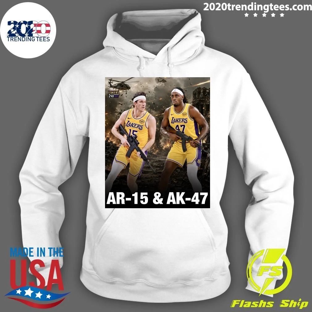 Los Angeles Lakers AR-15 & AK-47 Inspired Basketball Poster Featuring Austin Reaves and Adou Thiero Shirt