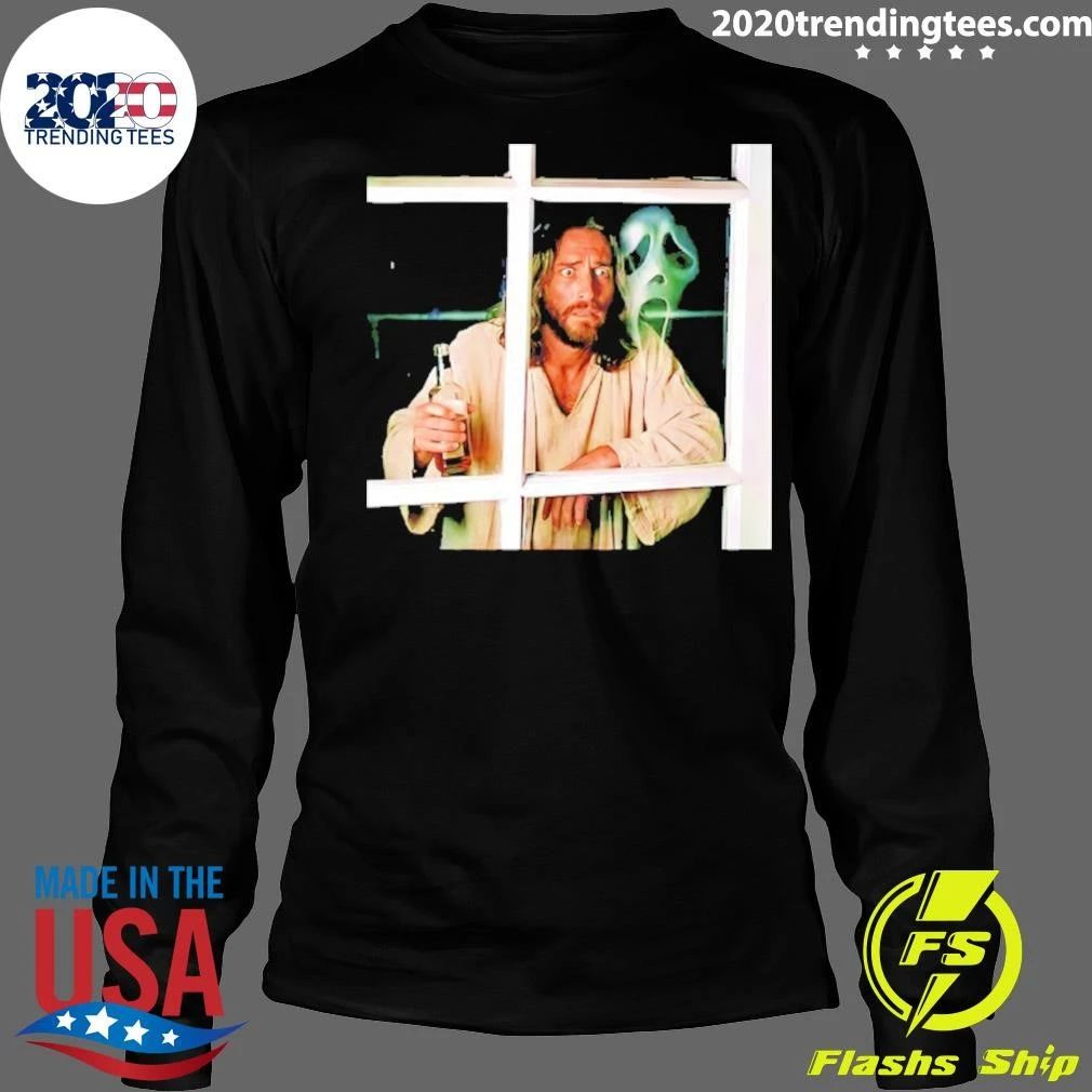 Jesus Drinking Whiskey With Ghostface Killer Funny Shirt