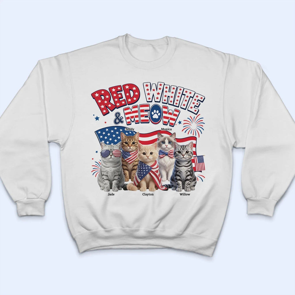 Custom Photo 3D Cartoon With US Accessories Red White Meow - Personalized T Shirt