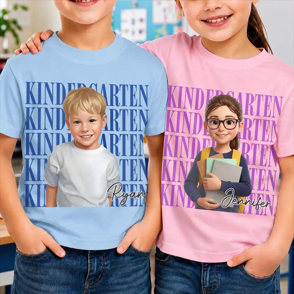 Custom Photo Cartoon Portrait Kid Ready For School Kindergarten First Grade - Personalized T Shirt