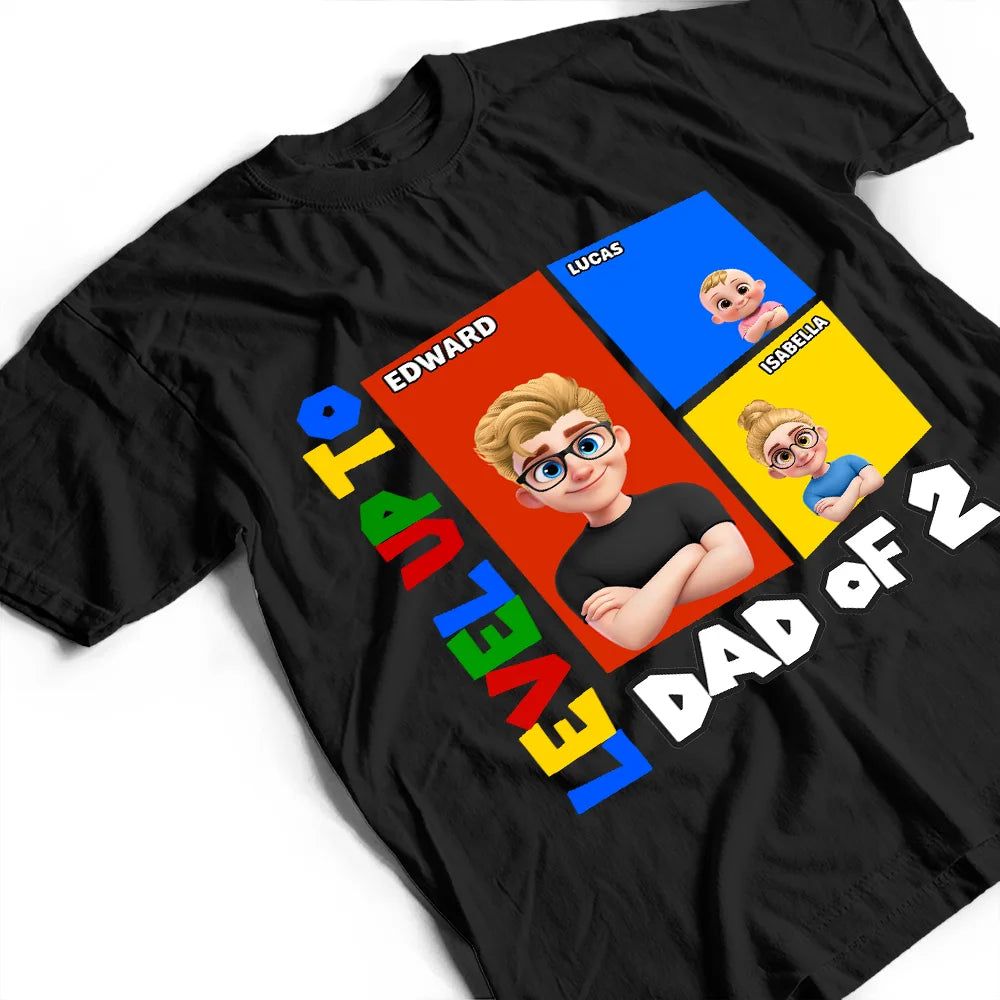 Level Up To Dad Of Two Basic Color Arcade Theme - Personalized T Shirt