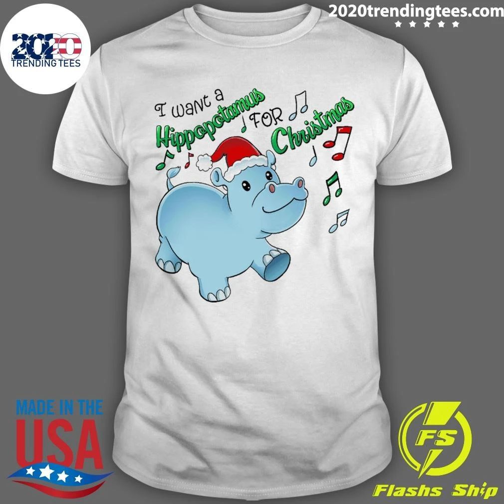 Inktastic I Want a Hippopotamus for Christmas Hippo in Santa Hat Shirt