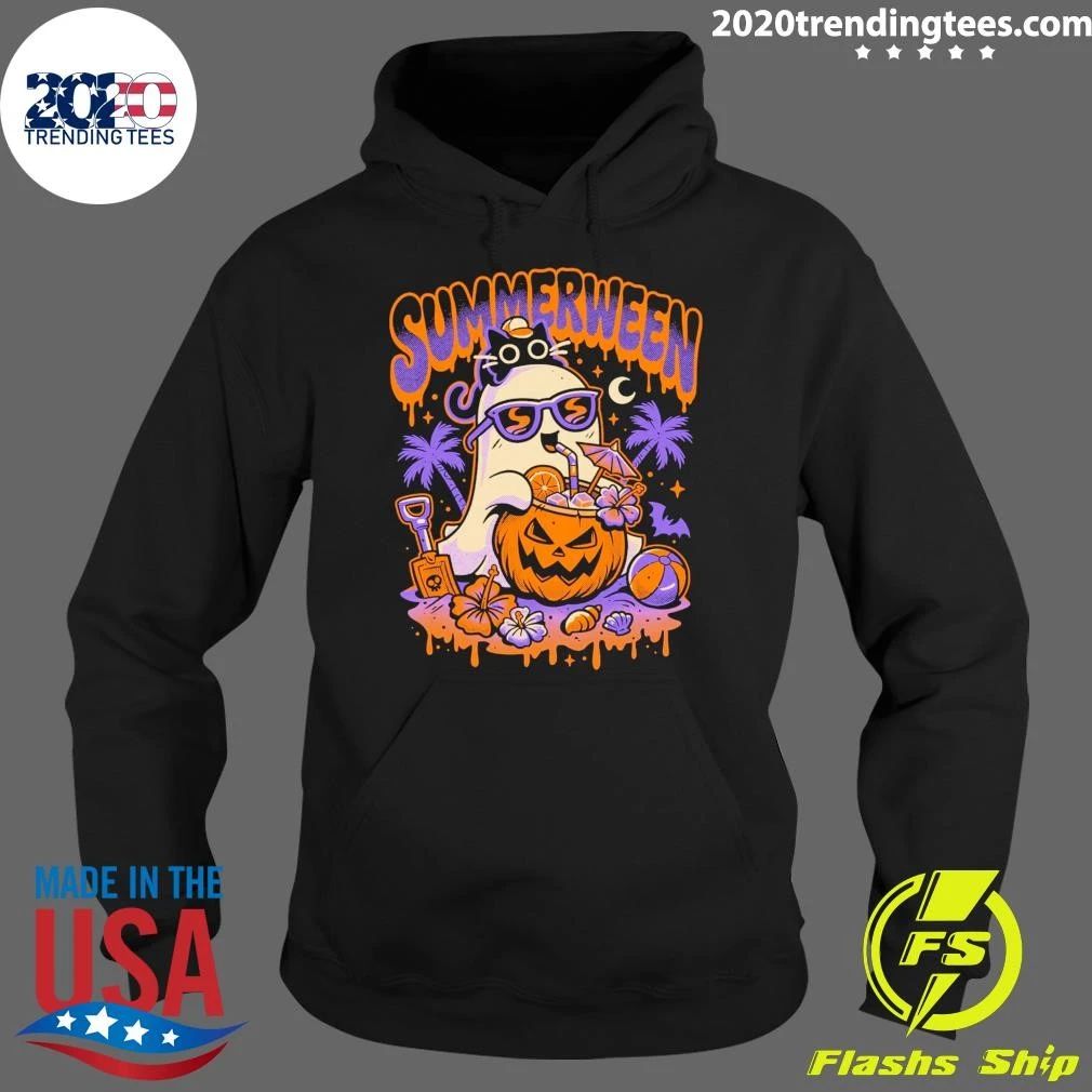 Spooky Summerween Ghost and Cat Beach Day Shirt