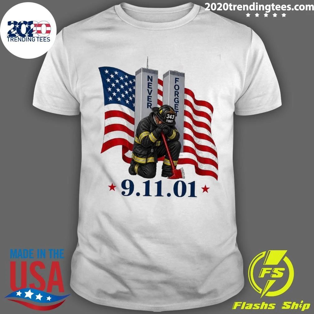 9-11 Never Forget Patriotic American Flag Firefighter Memorial Graphic Tee Shirt