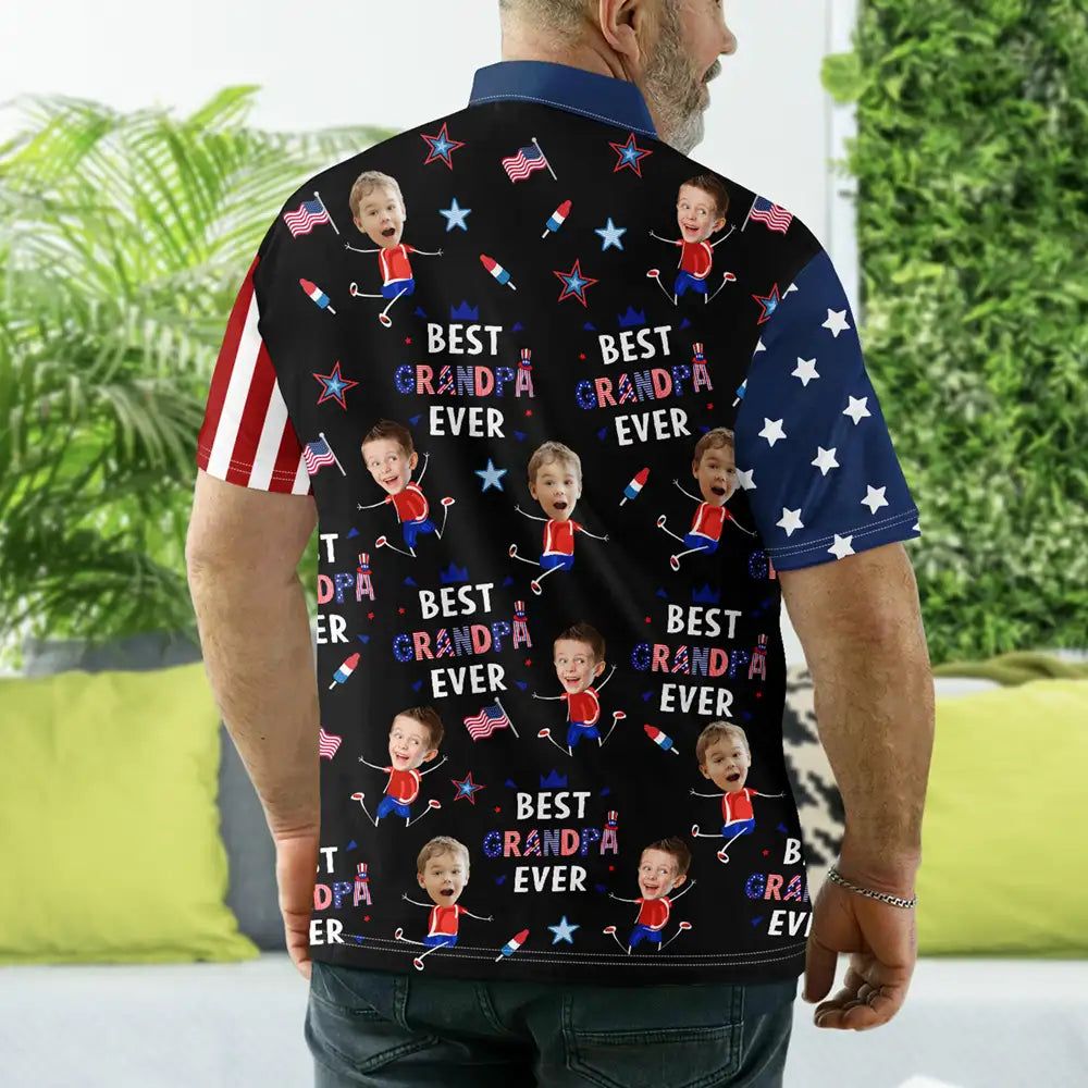 Custom Photo Stars & Stripes Best Dad Grandpa Ever - Personalized Polo Shirt