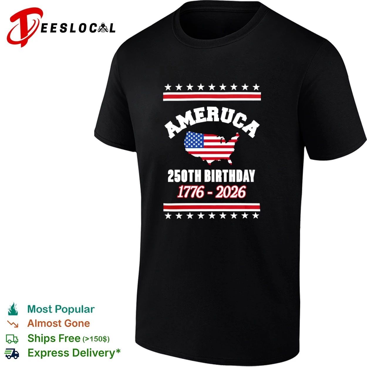 Ameruca 250th Birthday 1776-2026 US Map Flag T-shirt