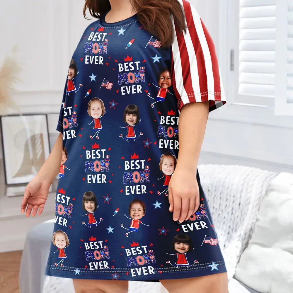 Custom Photo Stars & Stripes Best Mom Grandma Ever - Personalized Women's Sleep Tee