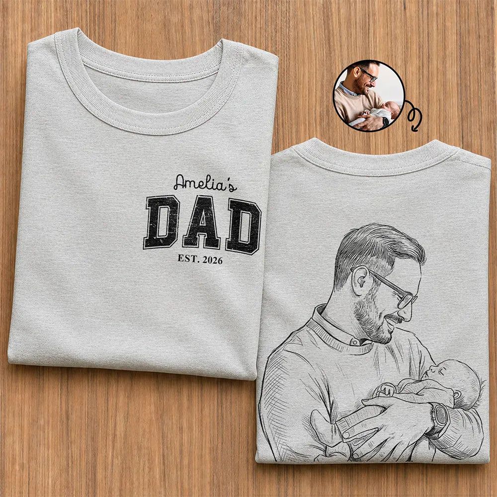 Custom Photo Pencil Sketch Dad Tshirt With Kid's Name, First Time Dad - Personalized T Shirt