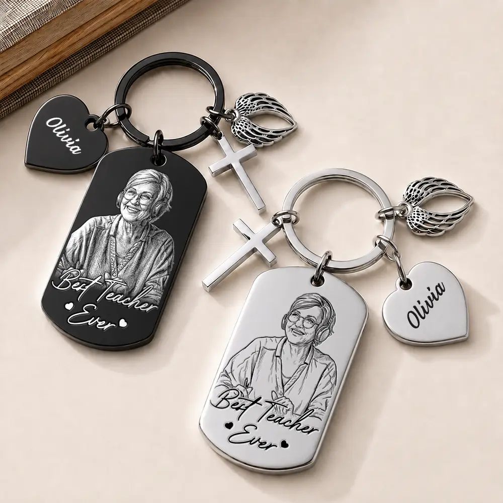 Custom Photo Bold Sketch Best Teacher Ever - Personalized Stainless Steel Keychain