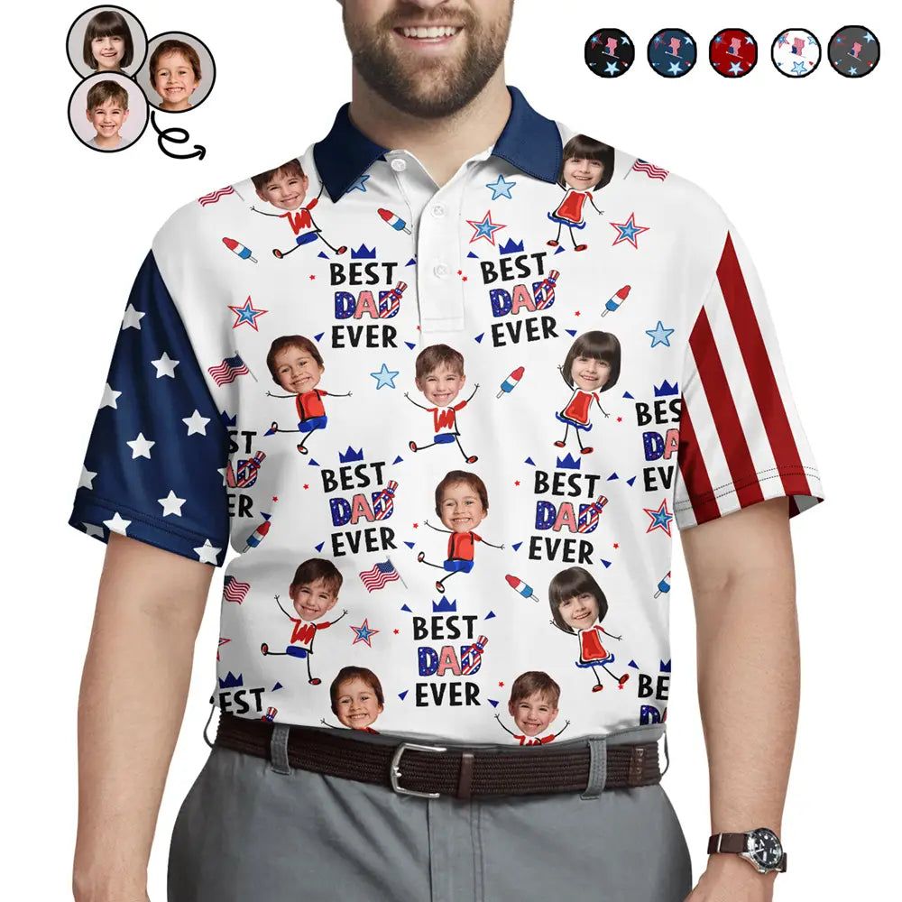 Custom Photo Stars & Stripes Best Dad Grandpa Ever - Personalized Polo Shirt