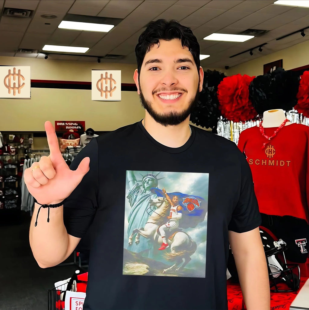 New York Knicks Jalen Brunson riding horse illustrated shirt