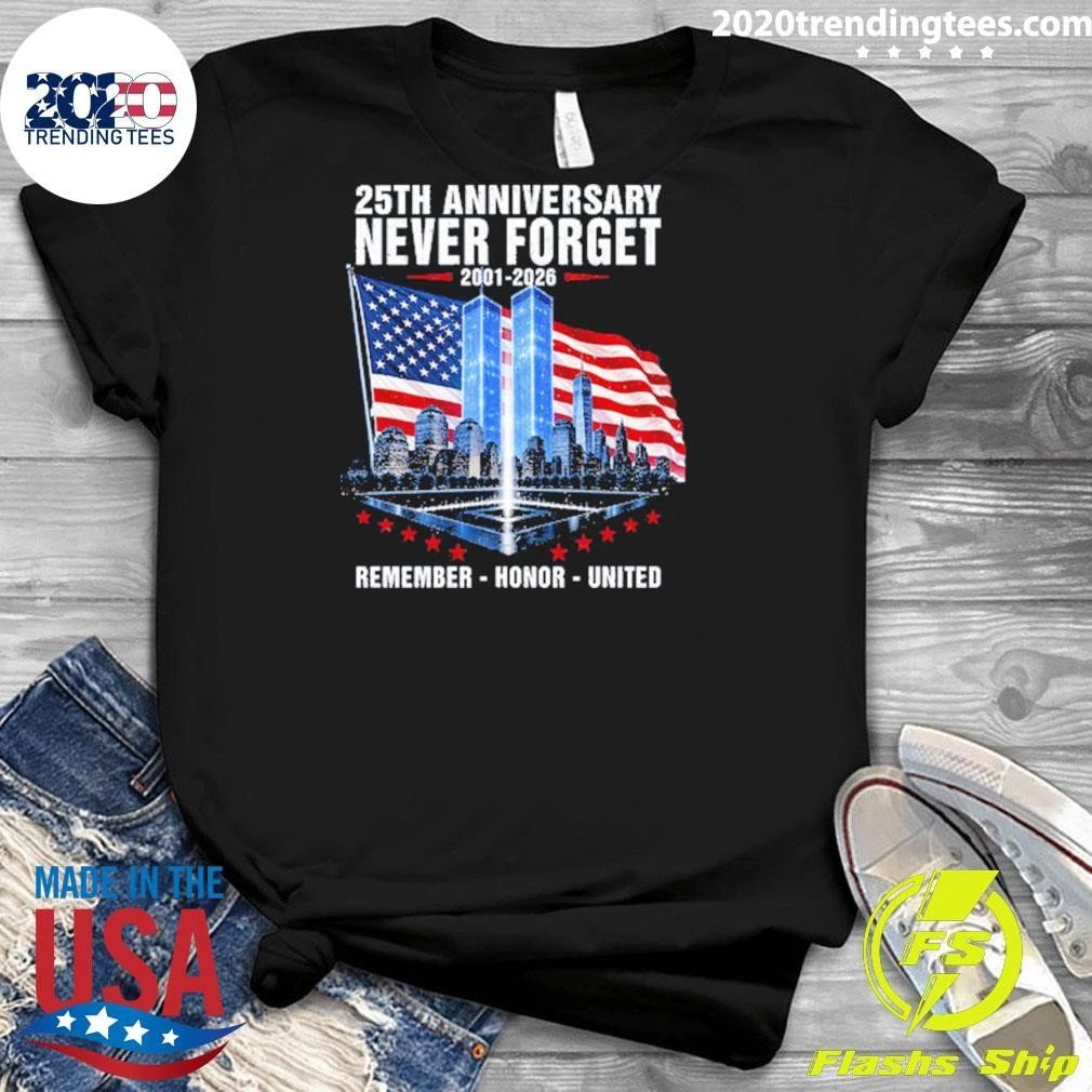 9-11 Memorial 25th Anniversary Never Forget 2001-2026 Twin Towers Tribute Lights American Flag Patriotic Tee Shirt