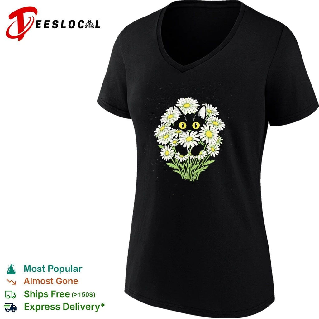 Black Cat in Daisies daisy flowers cute kitten T-shirt