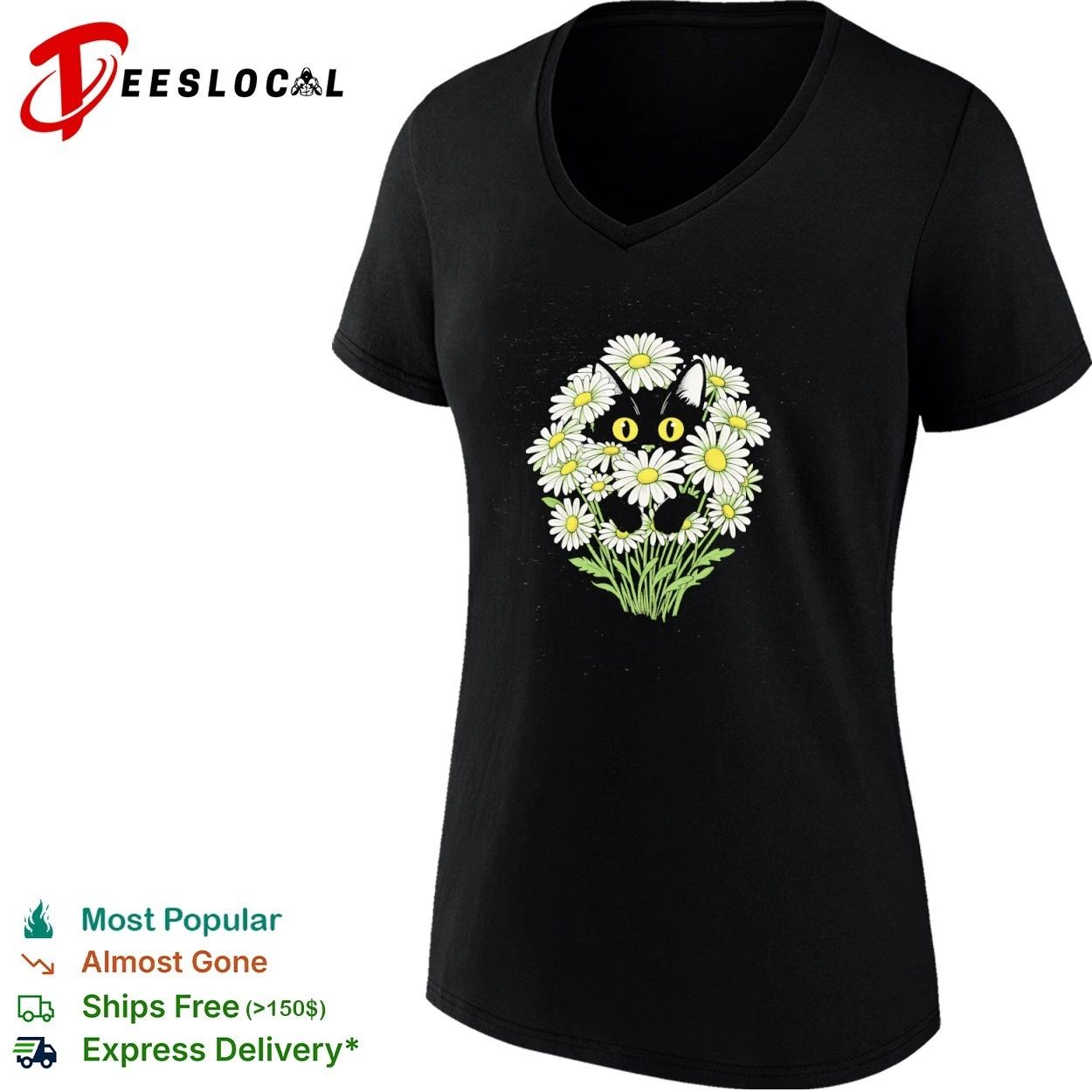 Black Cat in Daisies daisy flowers cute kitten T-shirt