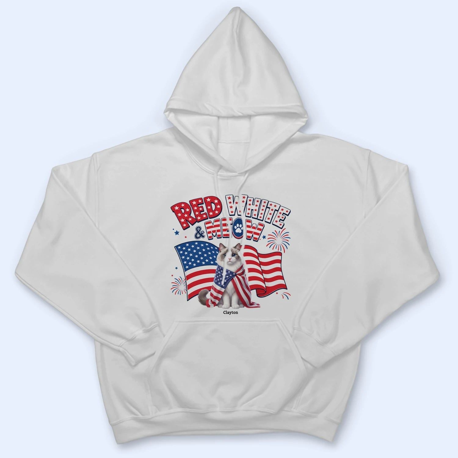 Custom Photo 3D Cartoon With US Accessories Red White Meow - Personalized T Shirt