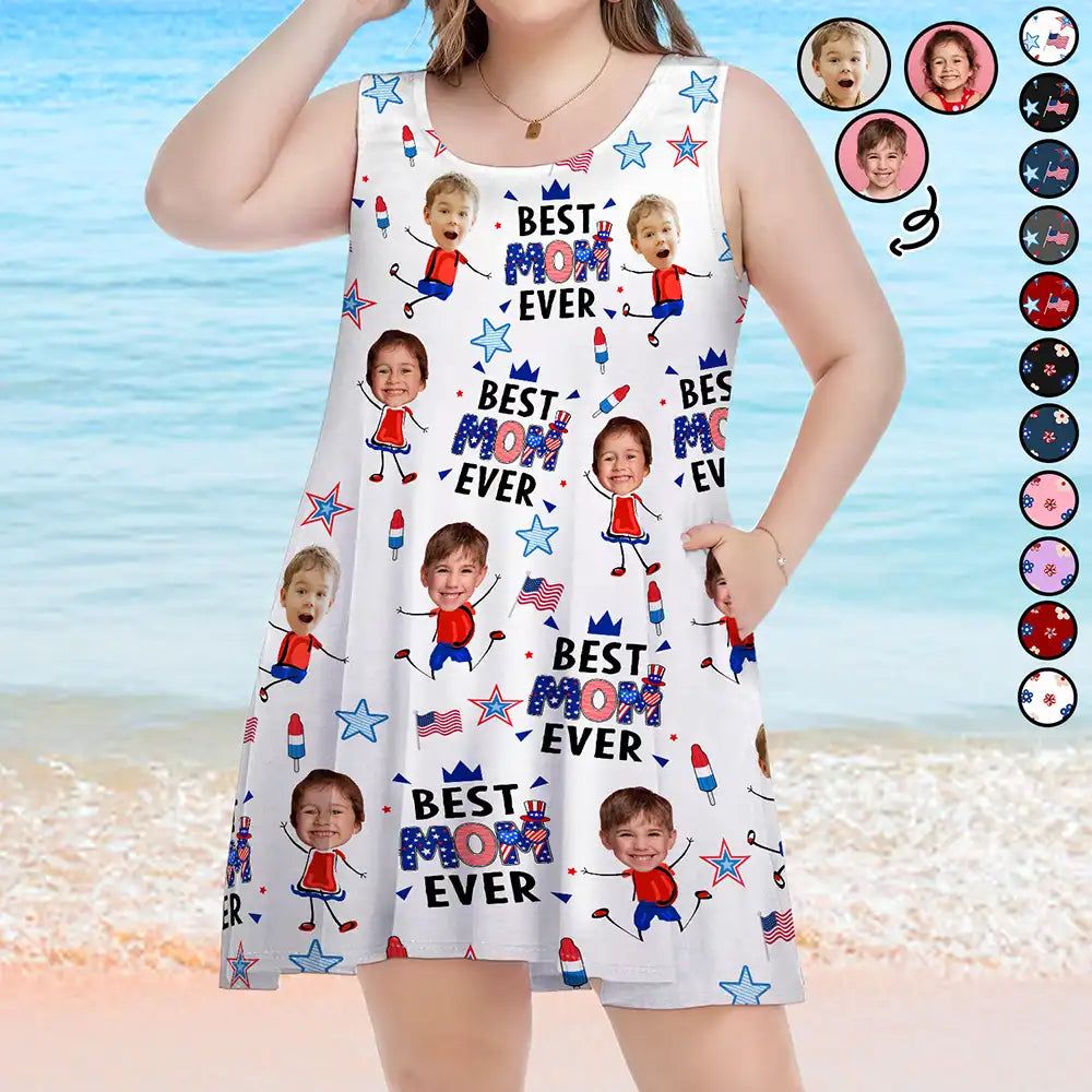 Custom Photo Stars & Stripes Best Mom Grandma Ever - Personalized Sleeveless Tank Dress