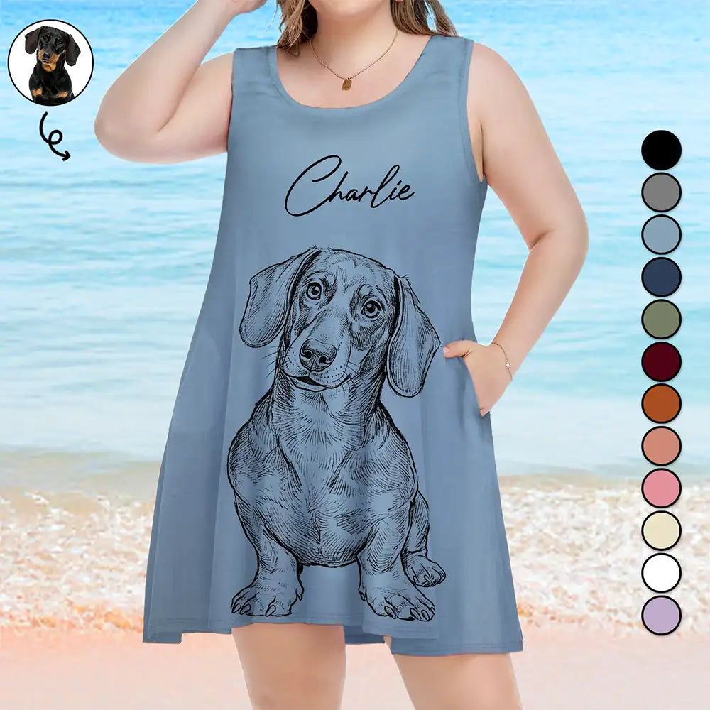 Custom Photo Pencil Sketch Woman Dog Cat Funny Portrait - Personalized Sleeveless Tank Dress