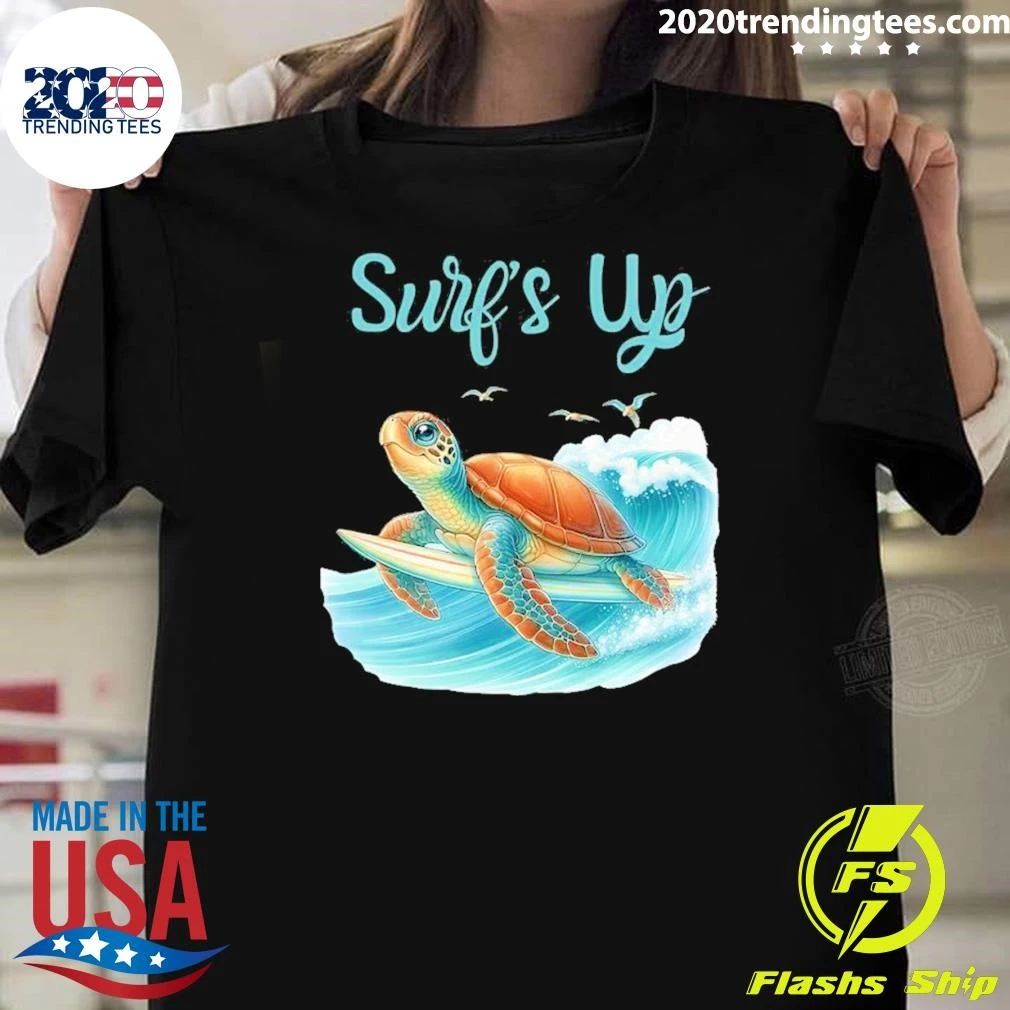 Surf’s Up Turtle Riding Surfboard On Big Wave Shirt